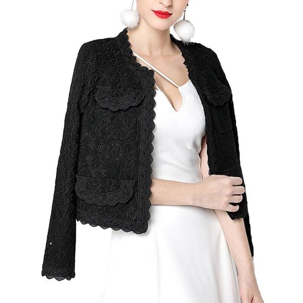 

women's jackets fashion women office floral lace long sleeve front open slim short cardigan suit coat, Black;brown