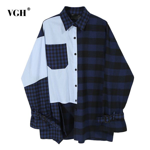 

vgh plaid irregular hem shirt for women lapel long sleeve hit color casual loose blouse female fashion new clothing spring 210421, White