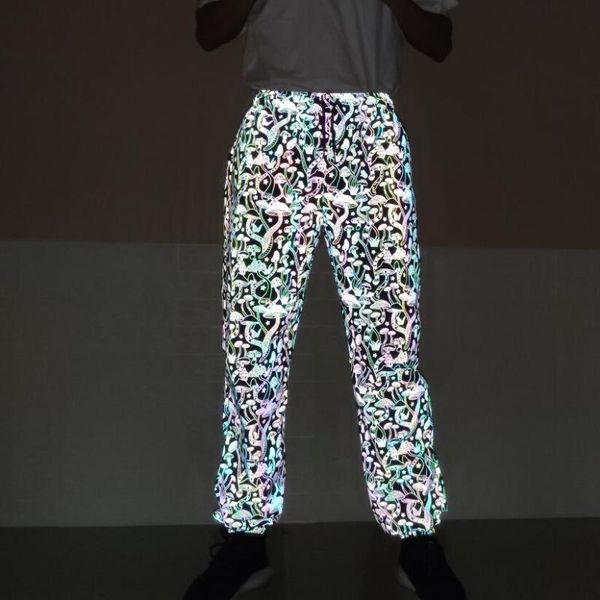 

mens casual colorful reflective pants shiny mushroom pattern harajuku hip hop joggers streetwear night sports trousers men's, Black