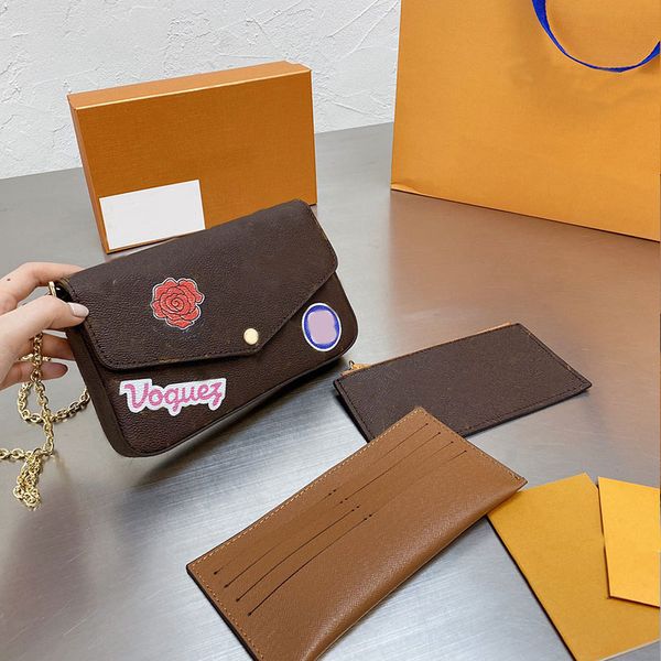 

3pcs set handbag women shoulder bag favorite multi pochette fashion letter brown flower chain crossbody bags detchable wallets lady flap pur