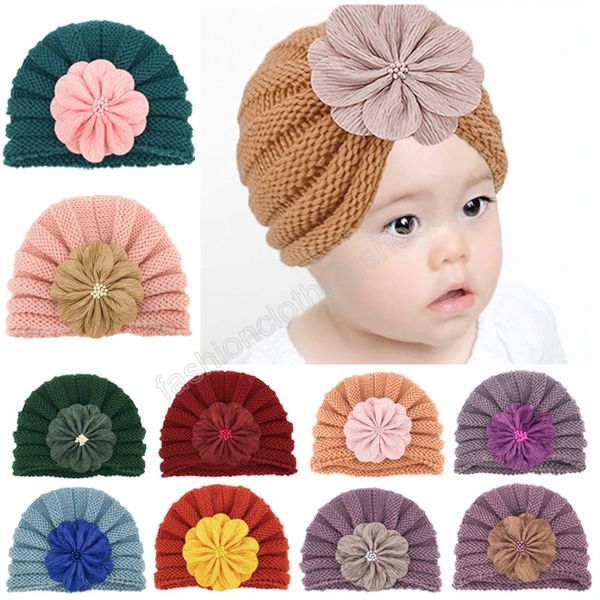 

flower winter girl hats knitted headwear kids turban hat infant bonnet baby beanie caps toddler newborn cap, Yellow