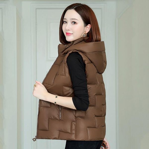 

women's vests fad winter slim hooded vest solid plus size short style sleeveless stand collar thick cotton padded casual coats, Black;white