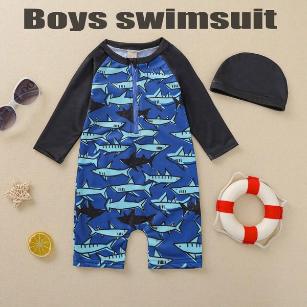 

summer baby boy swimsuit toddler boys short sleeve cartoon cute one-piece with swimming cap children swimwear 1-6y one-pieces, Black
