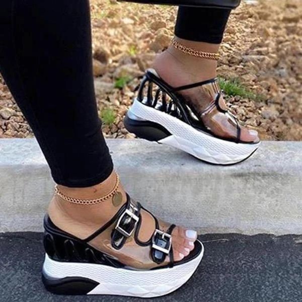 

women wedges heel buckle straps sandals comfortable and breathable for summer beach vacation h9, Black