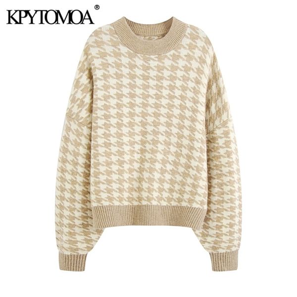 

kpytomoa women fashion oversized jumper houndstooth knitted sweaters vintage long sleeve loose female pullovers chic 210917, White;black