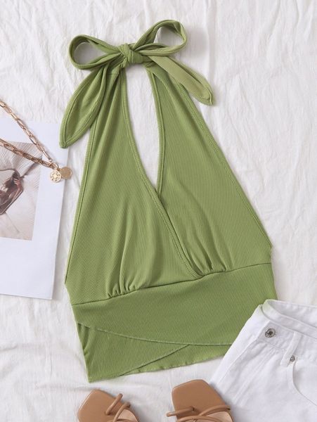 

wrap cross tied backless rib knit halter crop y2uf#, White