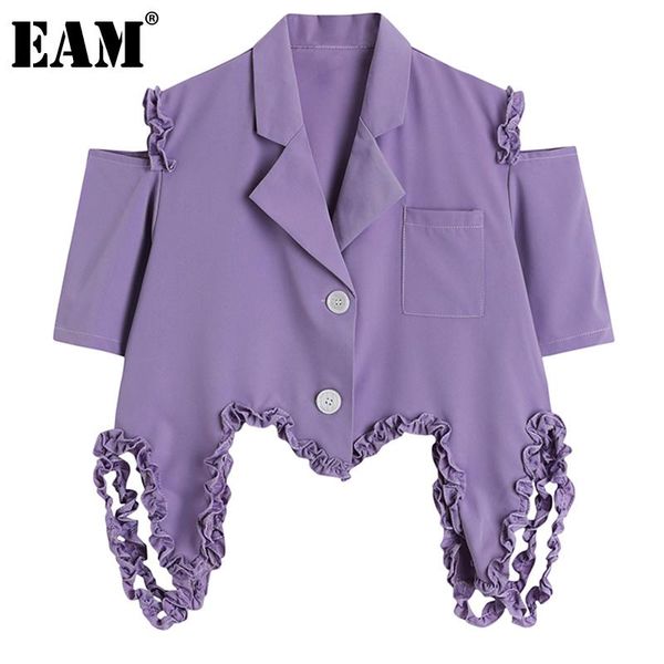 

women's suits & blazers [eam] women purple ruffles off shoulder big size blazer lapel short sleeve loose jacket fashion spring summer 2, White;black