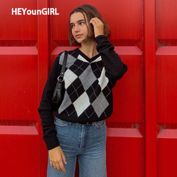 

heyoungirl autumn black v neck vintage knit sweater casual argyle plaid jumper women y2k preppy style long sleeve pullover 2021