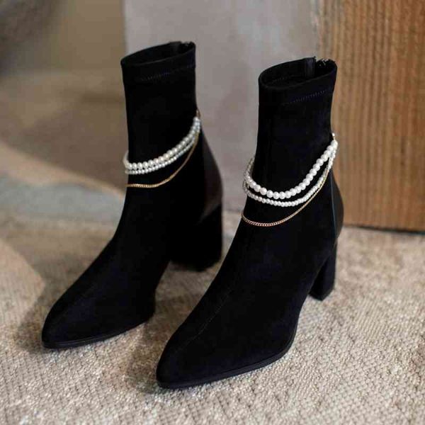 

winter simple women shoes suede pointed toe shaped heel beaded mid-calf boots zipper fashion boots for woman black boots 210507