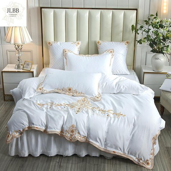 

bedding sets luxury white satin silk cotton gold embroidery set double duvet cover bedlinen lace bedskirt pillowcase home textile
