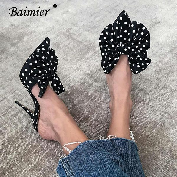 

baimier summer fashion polka dot high heel women sandals black bow tie pointed toe pumps thin mules dress shoes