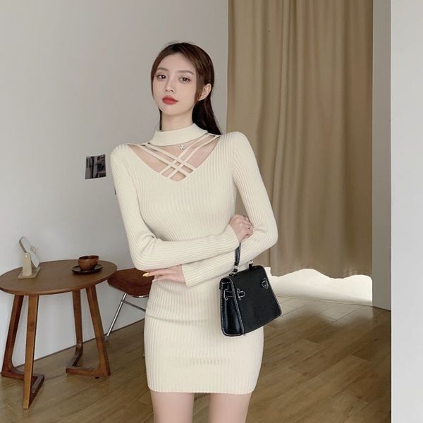 

casual dresses autumn winter sweater knitted dress women rib knit turtleneck thicken long sleeve beige or black hollow out jkk7, Black;gray