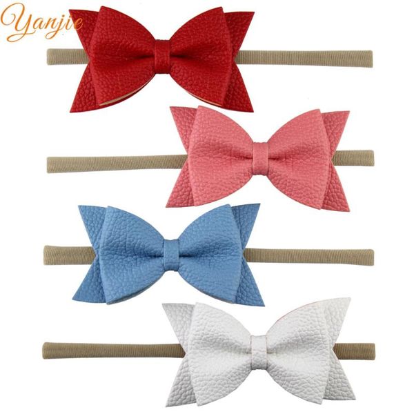 

18pcs/lot 3" leather bow nylon headbands girls mini hair elastic hairband kids solid accessories, Slivery;white