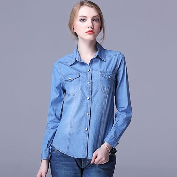 Nova moda outono primavera mulheres ladiyes algodão jeans denim bolso mulheres casual blusa jeans manga longa camisa feminina 210410