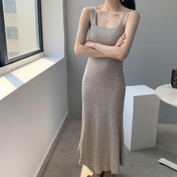 

autumn women kintted dress solid slim elegant long sweater suspender boho vestidos femme casual dresses, Black;gray