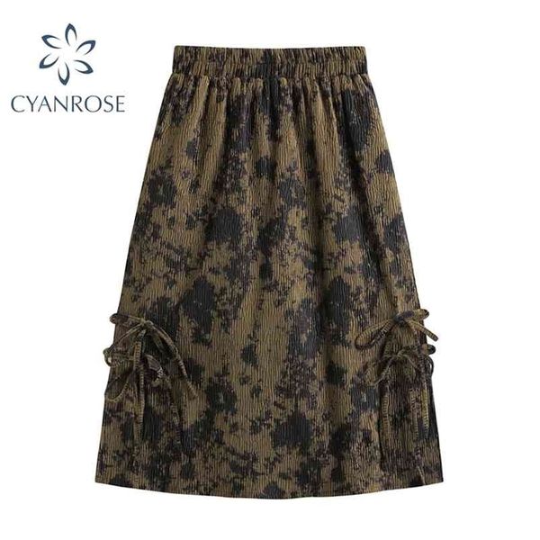 

women streetwear skirt spring a line high waist retro lace up mujer wrinkled harajuku loose casual midi female 210515, Black