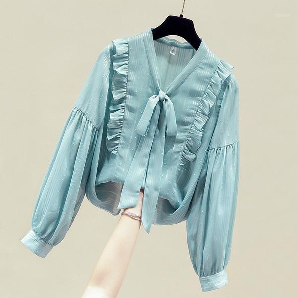

long sleeve blouse women blusas mujer de moda 2021 v-neck striped chiffon shirt blusa womens and blouses d794 women's & shirts, White