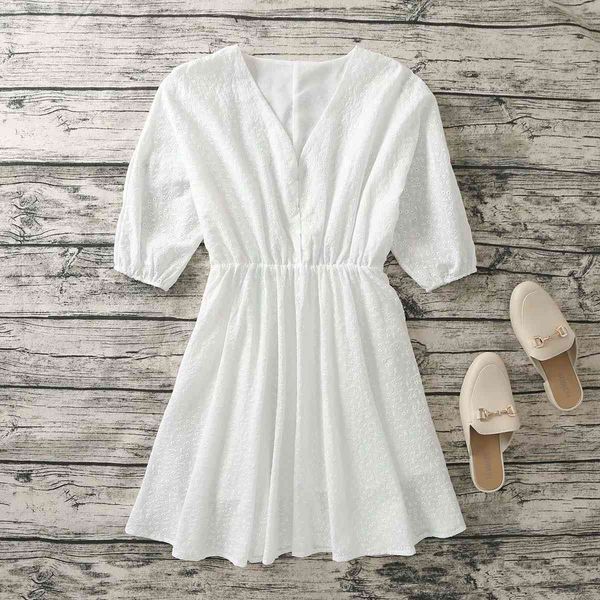 

women fashion slim v-neck dress vintage temperament simple hollow puff sleeve casual embroidery chic female dresses vestidos 210507, Black;gray