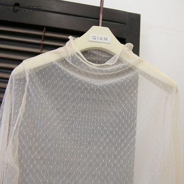 

women's t-shirt long sleeve t-shirts women summer mesh fashion chic all-match solid embroidery transparent cute elegant basic casu, White