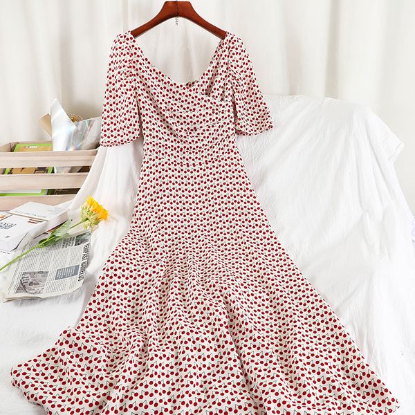 

elegant long dress printed polka dot high waist party vintage summer female chiffon vestidos clothing women 210420, Black;gray