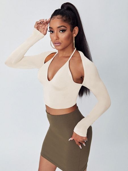 

cut out back halter neck crop f5gf#, White