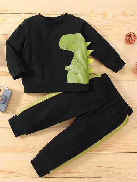 

baby dinosaur print 3d patched pullover & contrast seam side sweatpants she, White