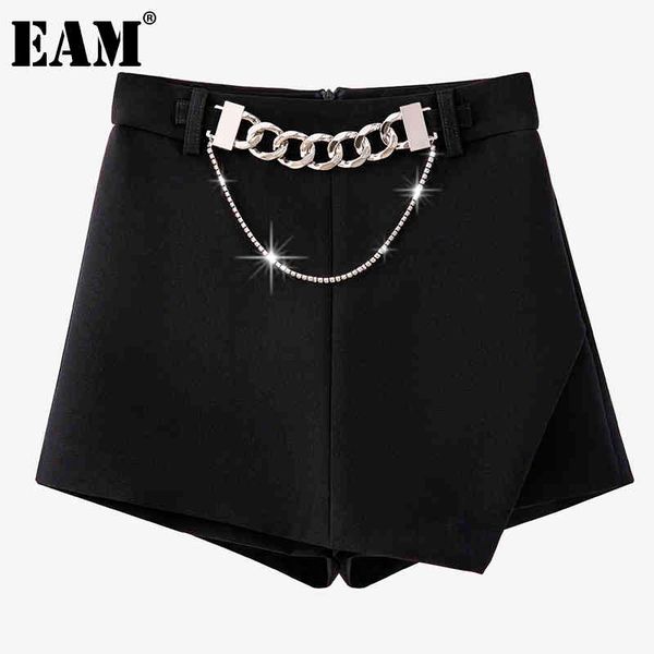 

[eam] women black casual asymmetrical chains shorts high waist loose fit trousers fashion spring summer 1dd8512 210512, White;black