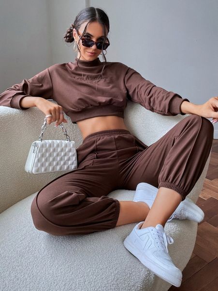 

letter embroidery mock neck crop pullover i18a#, White;black