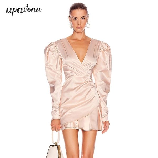 

women's pink satin dress v-neck bubble long sleeve bodycon draped mini celebrity club party vestido 210524, Black;gray