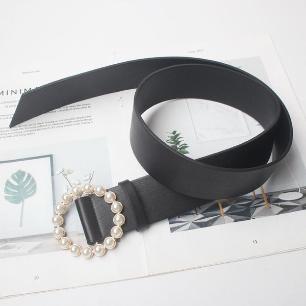 

belts inlaid pearl round metal buckle belt for women waist adjust y women's skirt simple all-match black and white, Black;brown
