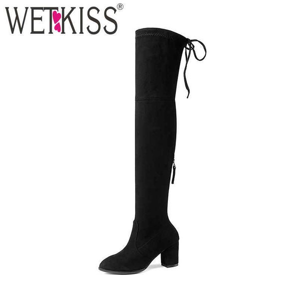 

wetkiss latest woman thigh high boot faux suede stretch lady over knee boot thick high heels shoes women winter big size 210630, Black
