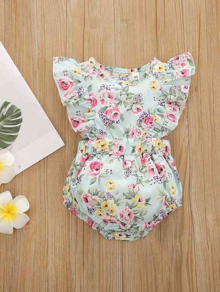 

baby girl floral ruffle trim bodysuit she, Blue