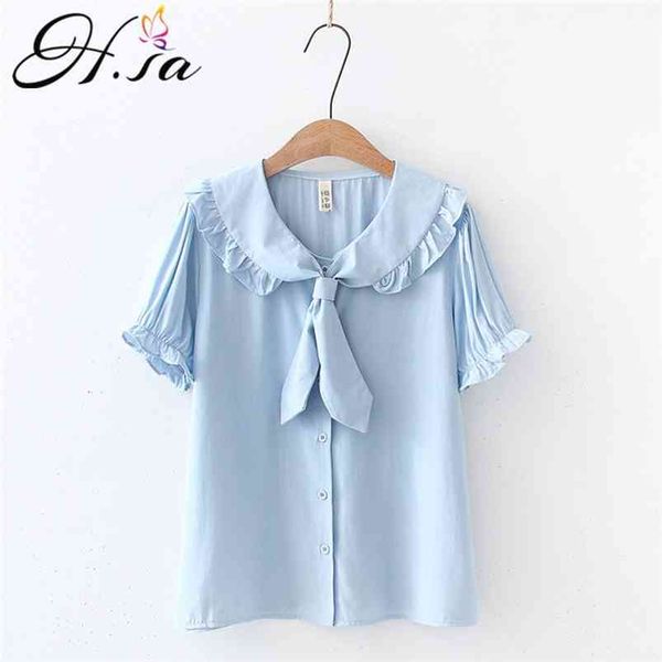 

hsa japanese summer women lolita style blouse peter pan collar white apricot pink blue female blusas cute kawaii ruffles girl's 210430