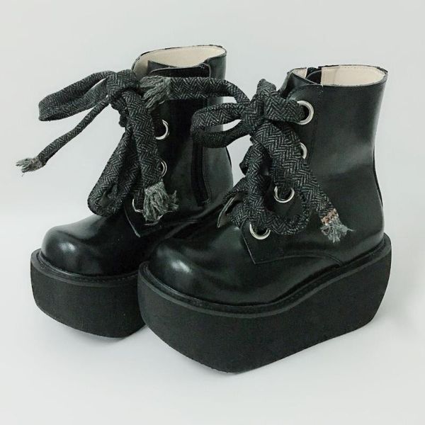 

boots sweet round toe women winter high platform lolita punk ankle lace-up pu leather, Black