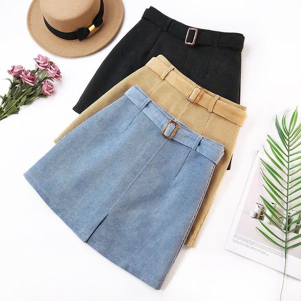 

skirts autumn winter women solid color a-line corduroy skirt korean high waist female student belted fashion party casual, Black