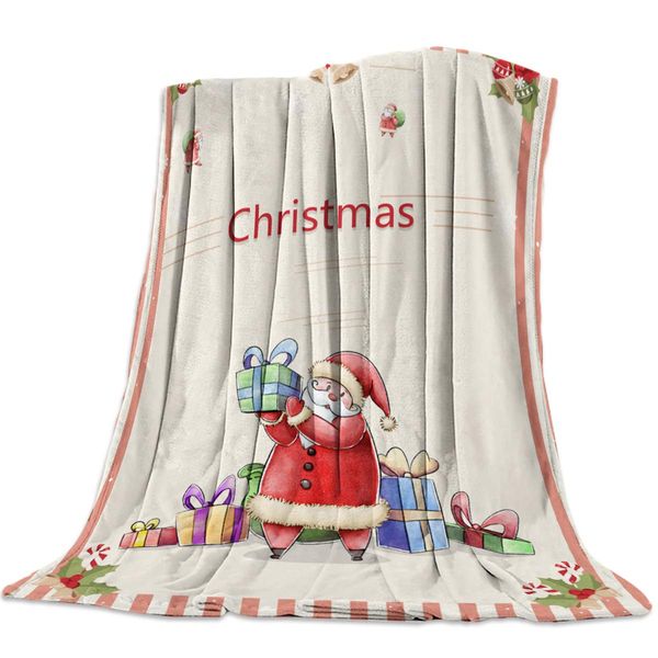 

flannel throw blanket for bedroom,indoor and outdoor microfiber blankets, cartoon santa claus and gift box drawing ultra soft