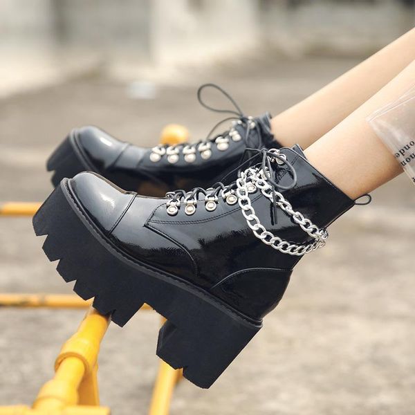 

boots winter warm and velvet lace-up ladies fashion metal chain thick-soled temperament women's large size34-43, Black