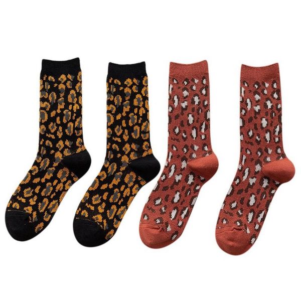 

emergency lights 2 pair women socks long cotton leopard print fashion printed novelty lady socks, black & red