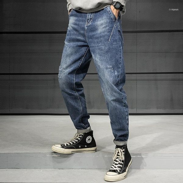 

korean style fashion men jeans big size 28-42 loose fit denim harem pants streetwear blue hip hop ripped pencil pants1