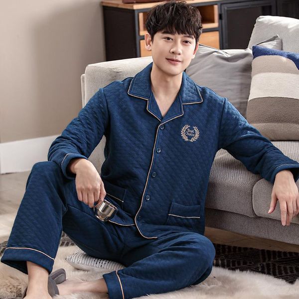 

men's sleepwear winter thick and warm men air cotton pajamas set long sleeve cardigan casual soft loose plus size -4xl male homewear, Black;brown