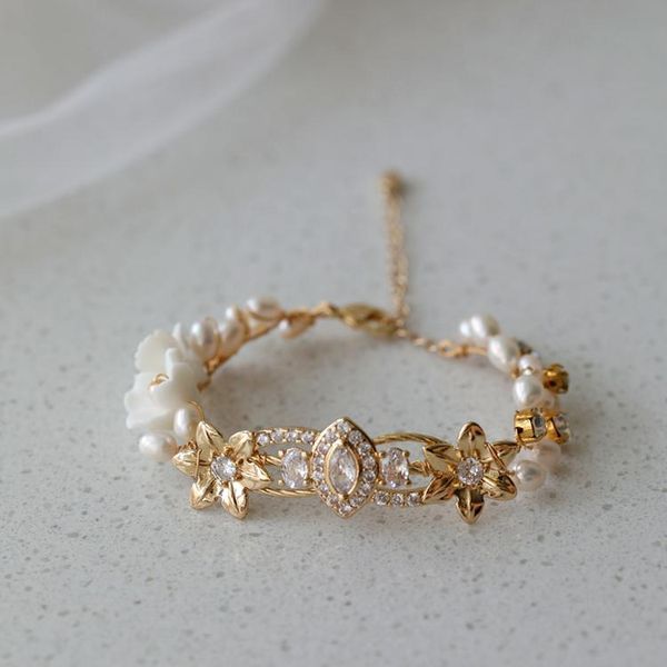

link, chain bridal jewelry vintage gold bracelets gift flower leaf zironia pearls bangles for brides women wedding accessories, Black