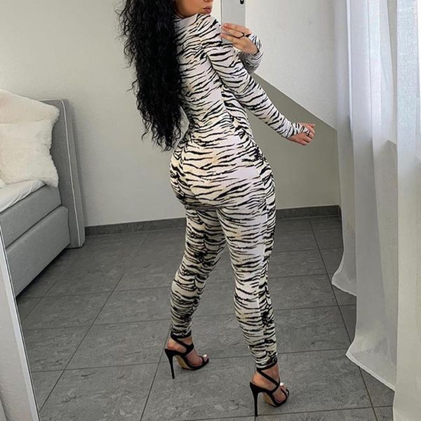 

women's fashion jumpsuit tiger skin printing rompers bodycon long sleeve stand-up collar bodysuits autumn clothes jumpsuits &, Black;white