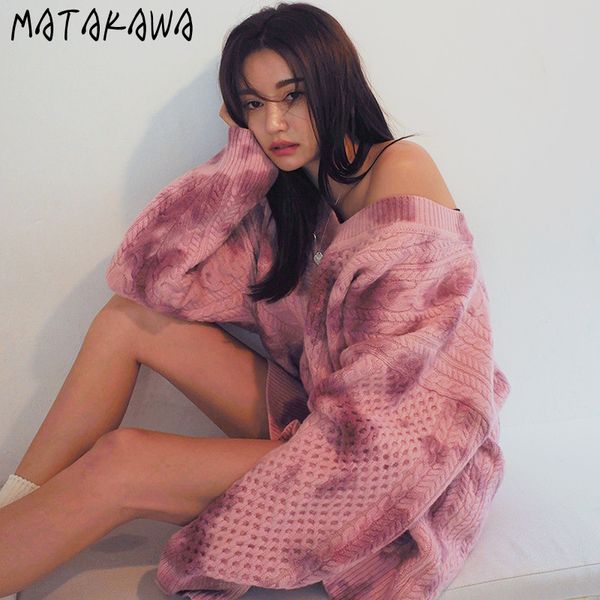MATAKAWA Cardigan a maniche lunghe da donna con scollo a V sottile vintage in maglia di lino Modello irregolare Maglioni a maniche lunghe per donna 210513