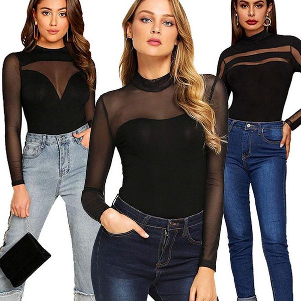 

women's jumpsuits & rompers 2021 summer bodysuit est womens mesh patchwork long sleeve back slim one-piece ladies lace outfit lot, Black;white