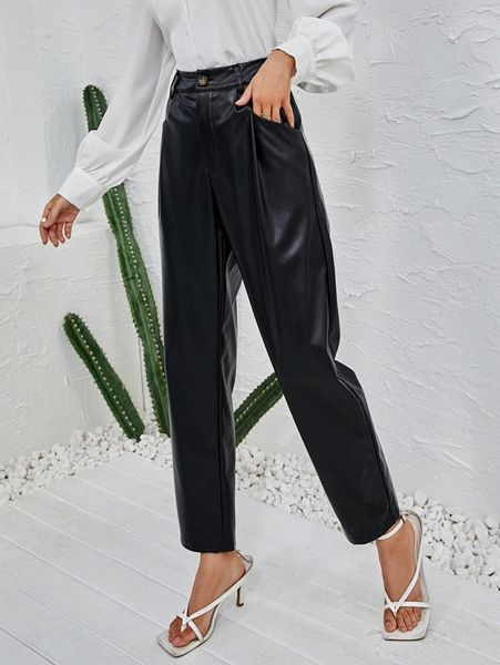 

high waist slant pocket pu leather pants r9ir#, Black;white