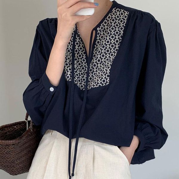 

women's blouses & shirts spring autumn blouse french retro v-neck embroidered lace crochet hit color style slim long sleeve ll418, White