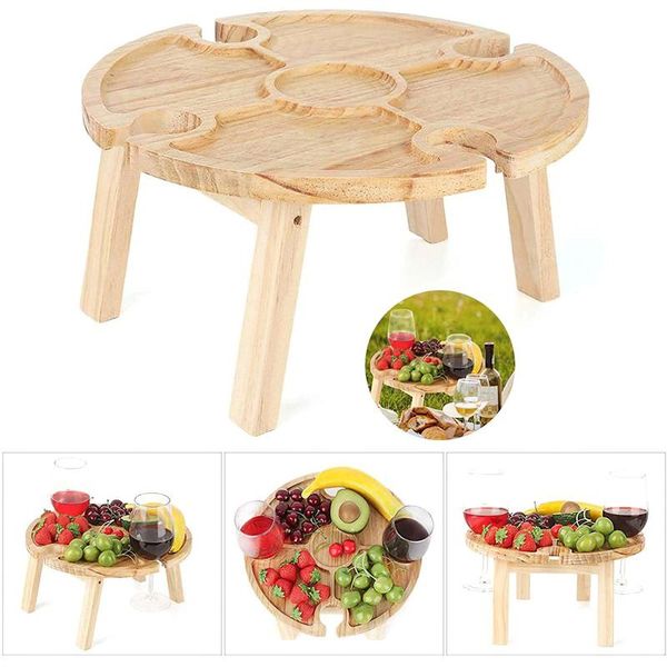 

camp furniture multifunctional wooden portable outdoor folding table with glass cups holder fruit snack tray camping picnic wine