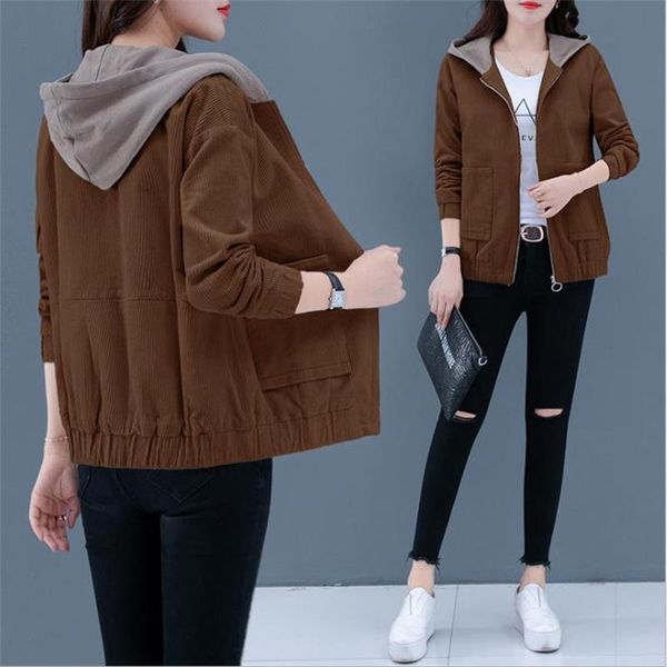 

women's jackets corduroy jacket short loose hooded coat 2021 spring and autumn long-sleeved outwear solid female plus size casual, Black;brown