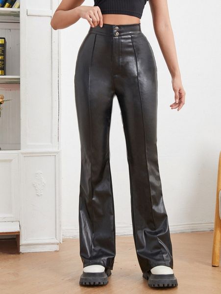 

high waist seam detail pu leather flare leg pants a19x#, Black;white