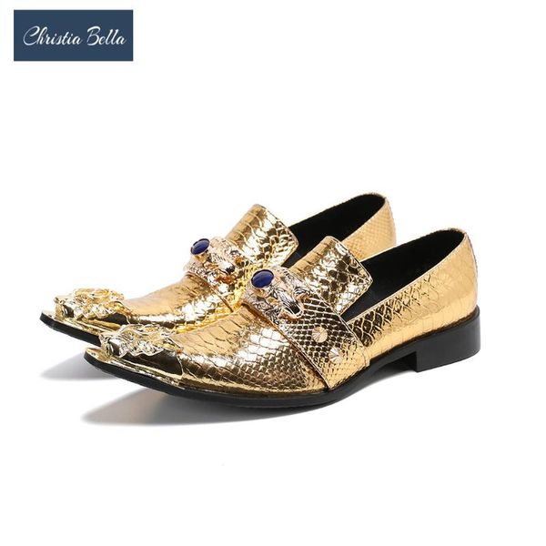 

dress shoes gold genuine leather men metal pointed toe business plus size wedding party formal slip on, Black